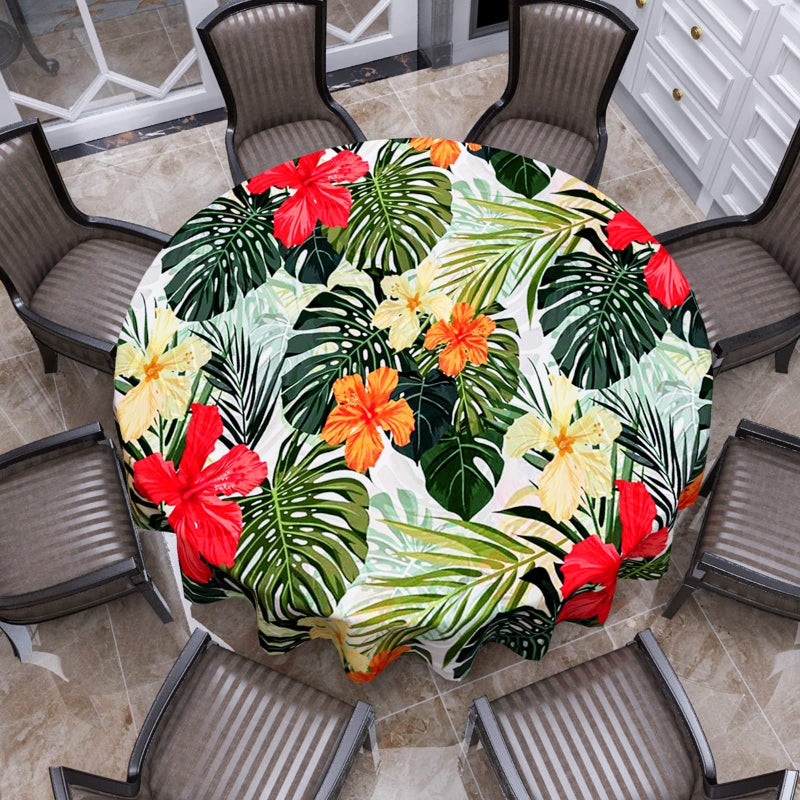 VVA Tropical Round Tablecloth, Hawaiian Palm Tree Hibiscus Flowers Plants Tablecloths, Aloha/Luau Theme Party, Wipeable Waterproof Table Cloth for Family Dinners Patio Outdoor/Outside Events 70x70 Inch - Image 2